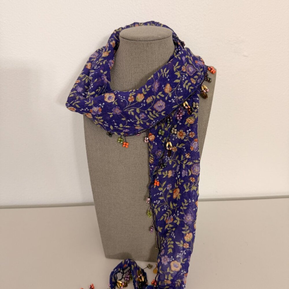 Traditional Turkish Oya Neck Violet  Scarf Bead & Needle Lace on Lawn Cotton - Picture 4 of 16